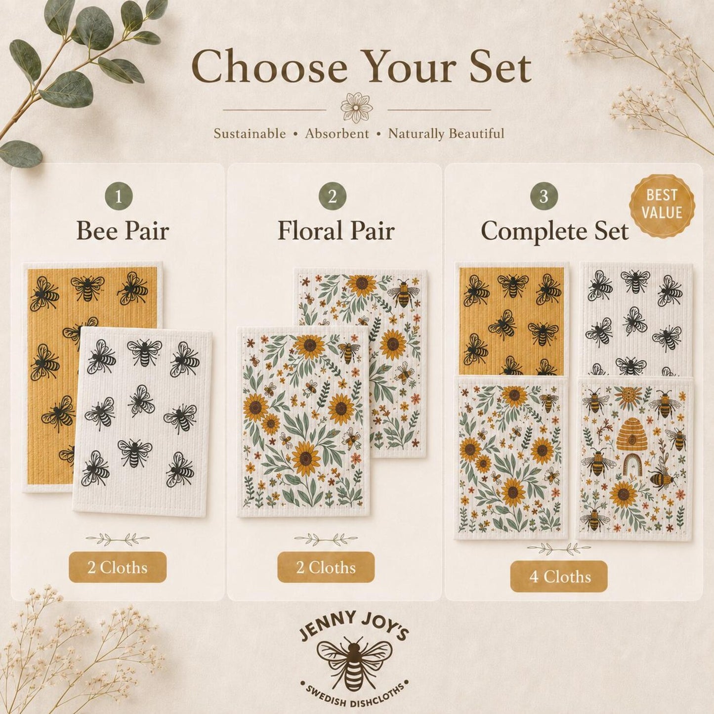 Swedish Dishcloth Set – Reusable Bee & Floral Kitchen Cloths | 2 or 4 Pack