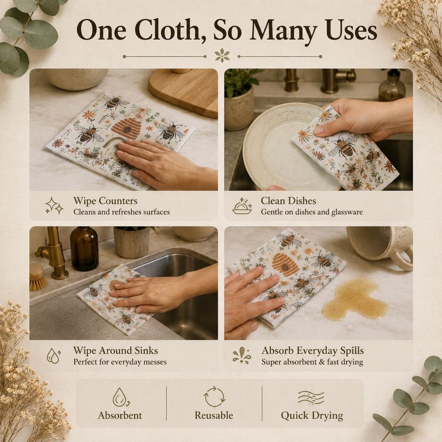 Swedish Dishcloth Set – Reusable Bee & Floral Kitchen Cloths | 2 or 4 Pack