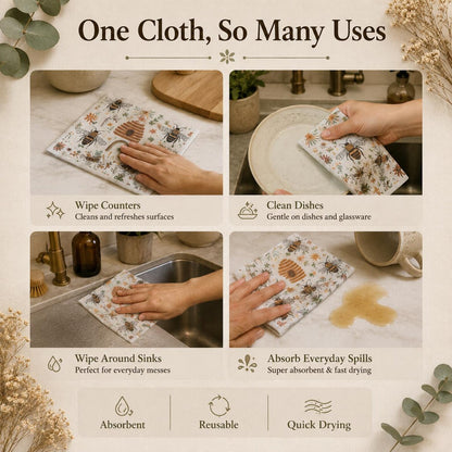 Swedish Dishcloth Set – Reusable Bee & Floral Kitchen Cloths | 2 or 4 Pack