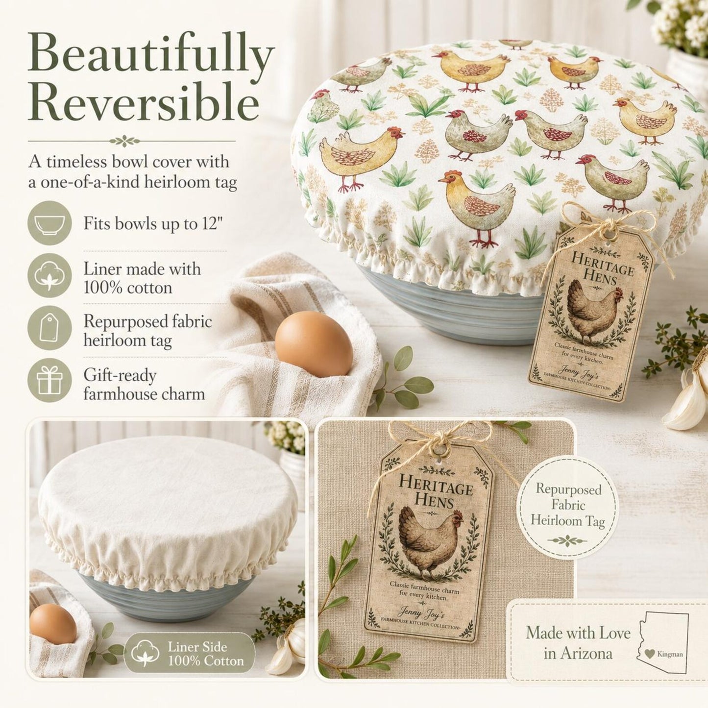 XL Reversible Fabric Bowl Cover – 12" Farmhouse Chicken Prints
