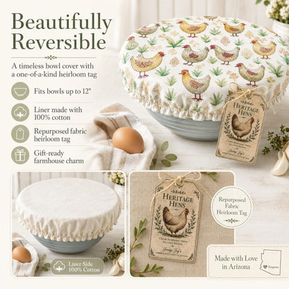 XL Reversible Fabric Bowl Cover – 12" Farmhouse Chicken Prints