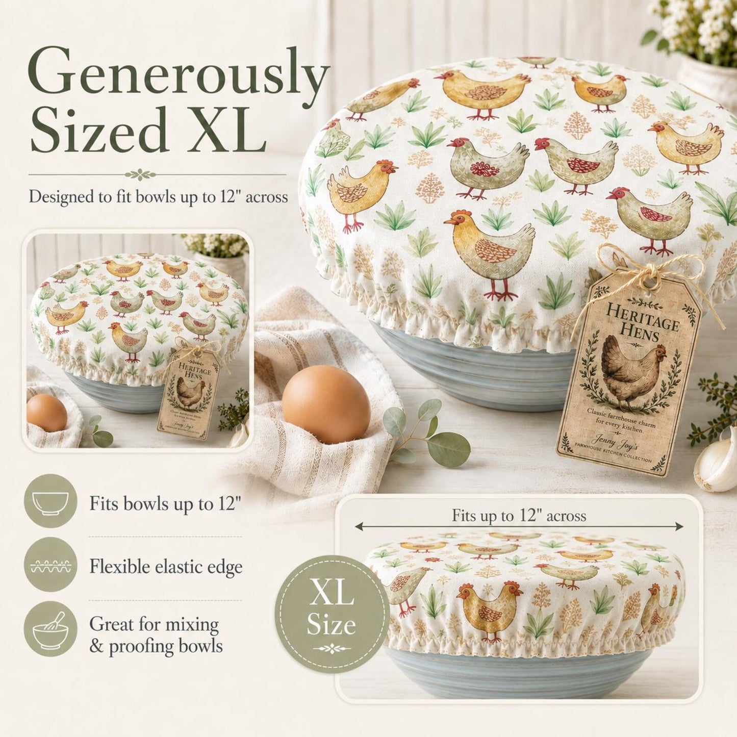 XL Reversible Fabric Bowl Cover – 12" Farmhouse Chicken Prints