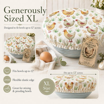 XL Reversible Fabric Bowl Cover – 12" Farmhouse Chicken Prints