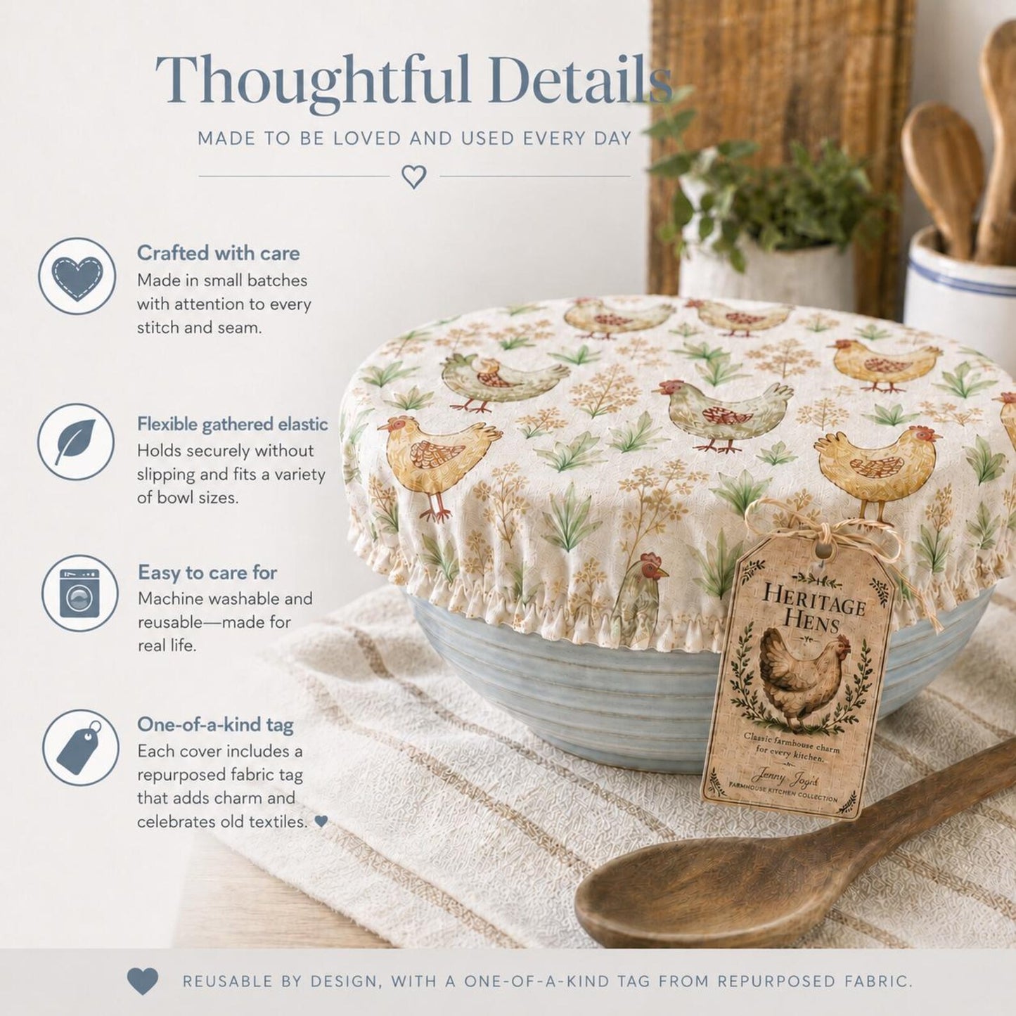 XL Reversible Fabric Bowl Cover – 12" Farmhouse Chicken Prints