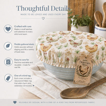 XL Reversible Fabric Bowl Cover – 12" Farmhouse Chicken Prints