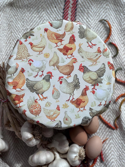 XL Reversible Fabric Bowl Cover – 12" Farmhouse Chicken Prints