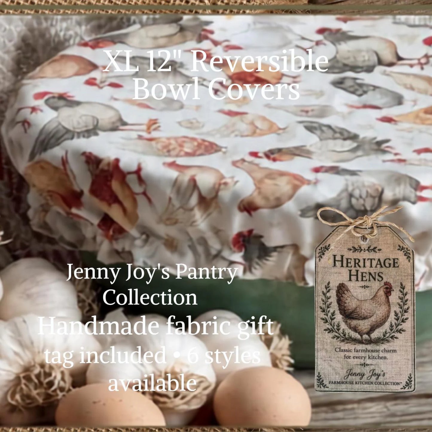 XL Reversible Fabric Bowl Cover – 12" Farmhouse Chicken Prints