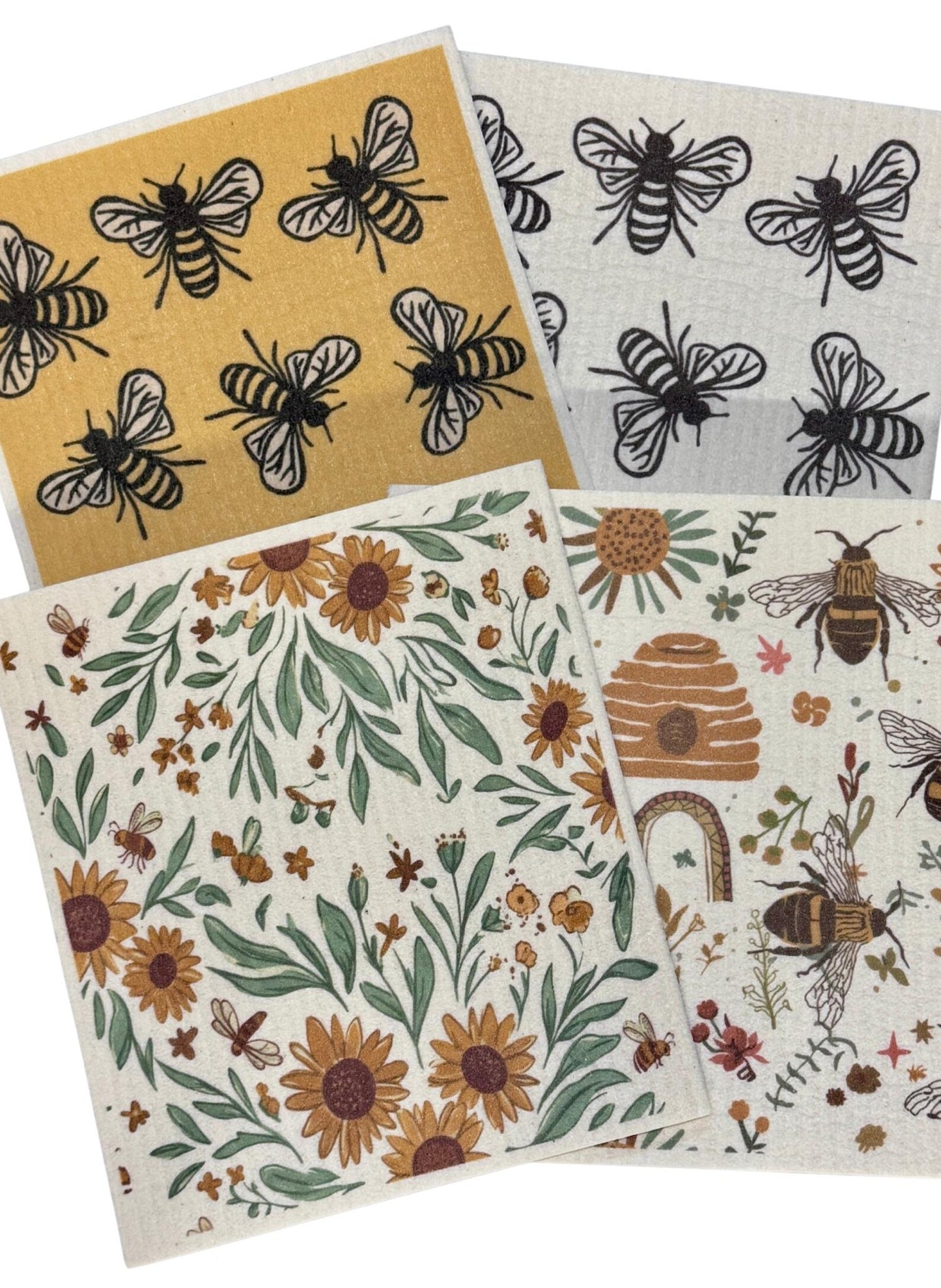 Swedish Dishcloth Set – Reusable Bee & Floral Kitchen Cloths | 2 or 4 Pack