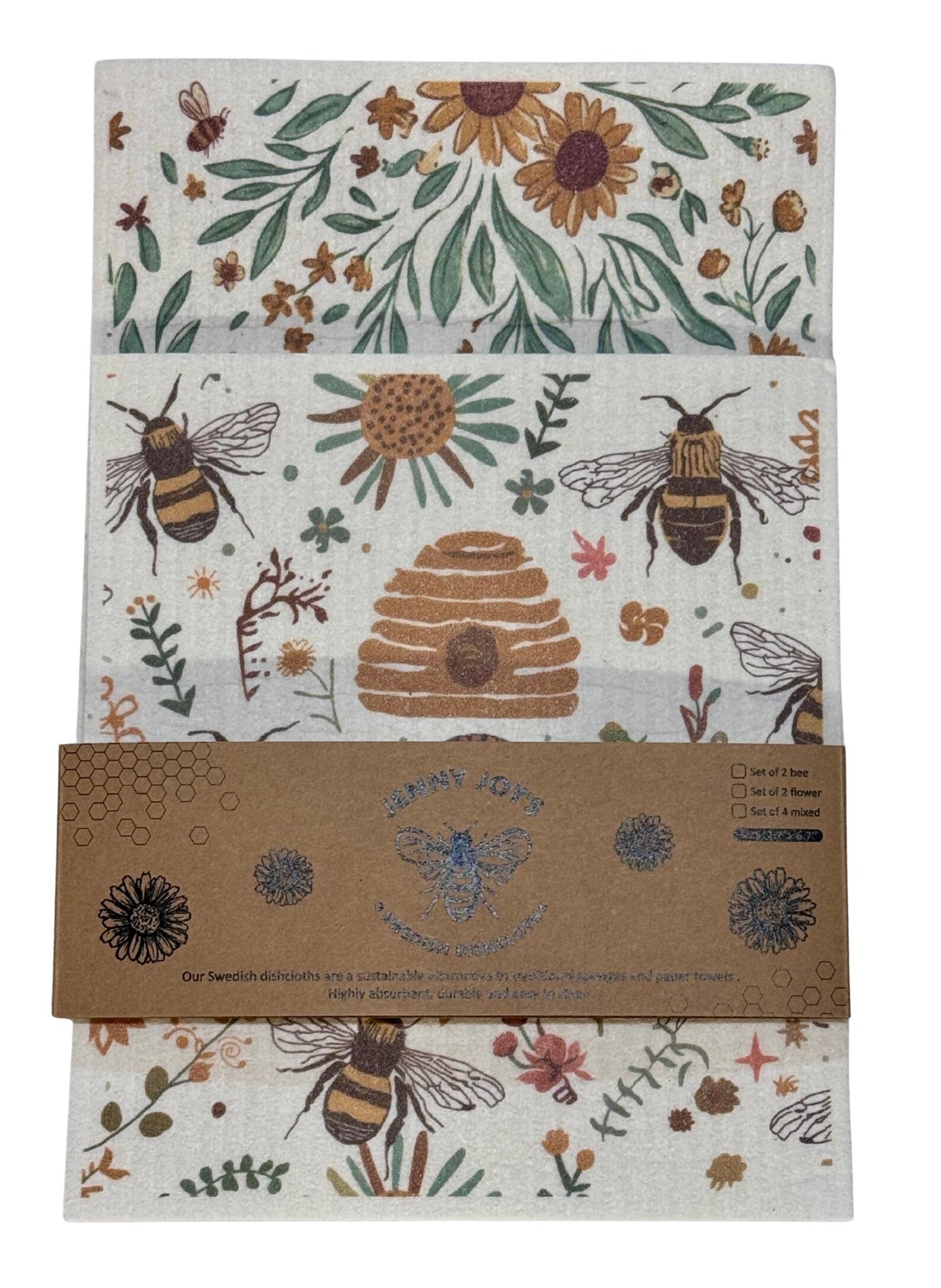 Swedish Dishcloth Set – Reusable Bee & Floral Kitchen Cloths | 2 or 4 Pack
