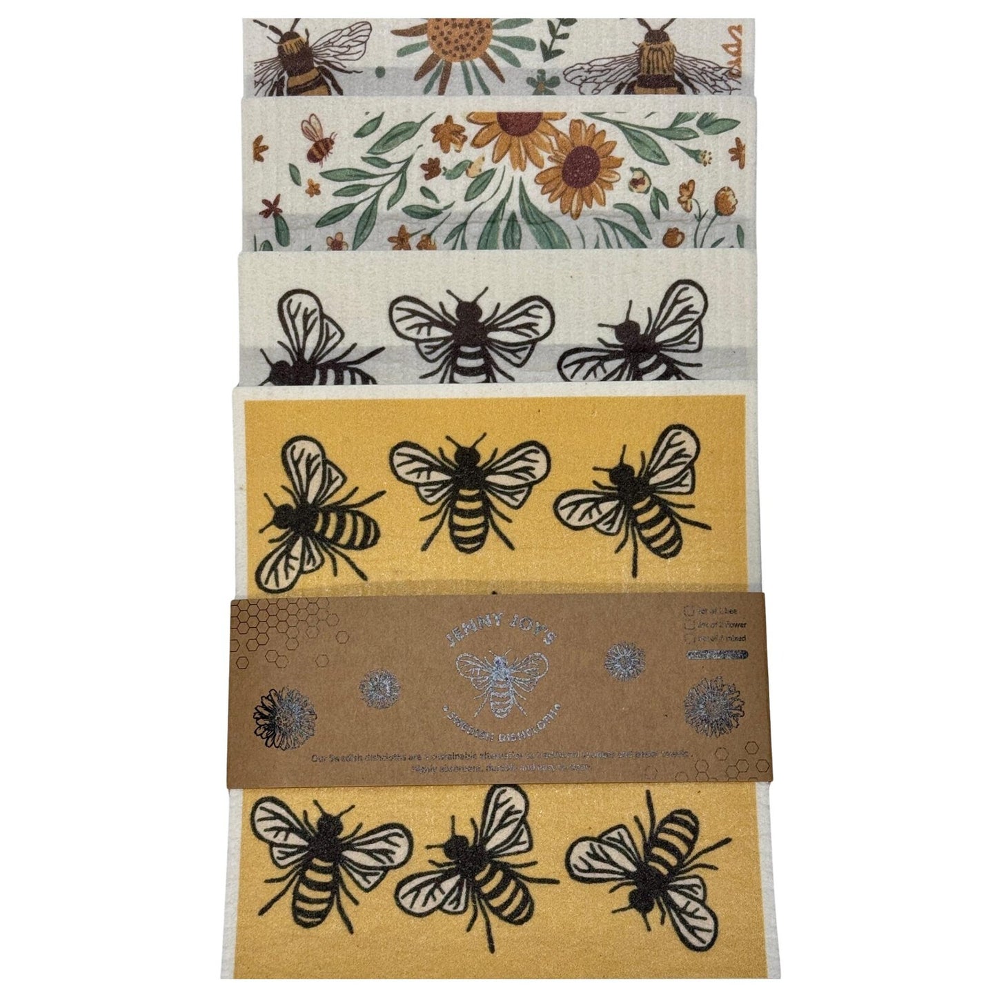 Swedish Dishcloth Set – Reusable Bee & Floral Kitchen Cloths | 2 or 4 Pack