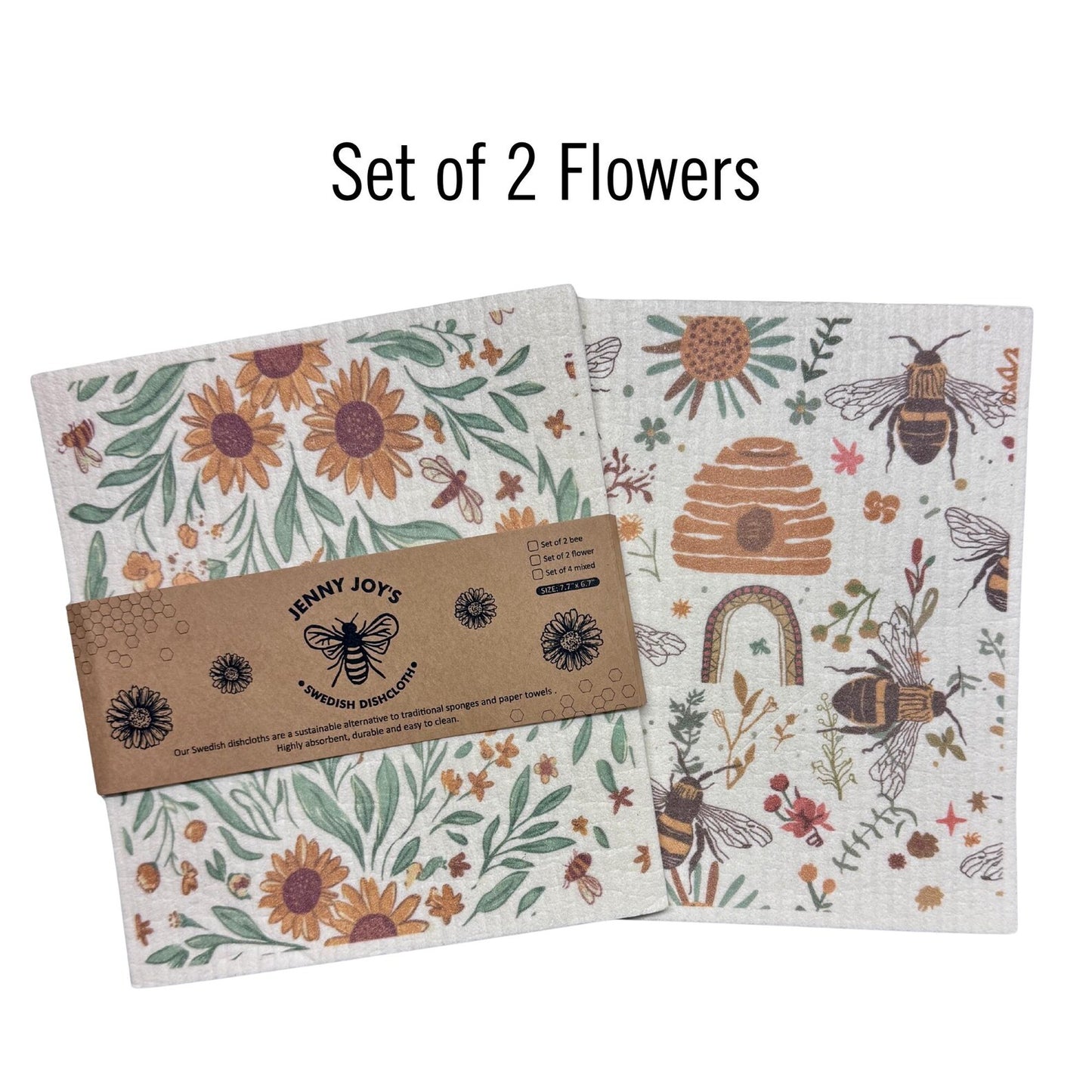 Swedish Dishcloth Set – Reusable Bee & Floral Kitchen Cloths | 2 or 4 Pack
