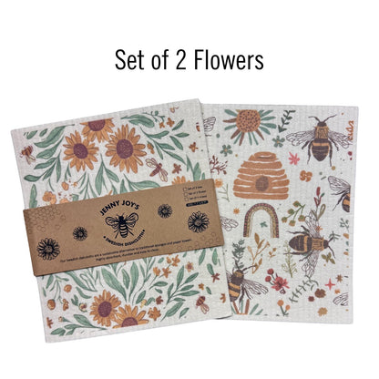 Swedish Dishcloth Set – Reusable Bee & Floral Kitchen Cloths | 2 or 4 Pack