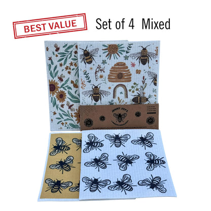 Swedish Dishcloth Set – Reusable Bee & Floral Kitchen Cloths | 2 or 4 Pack