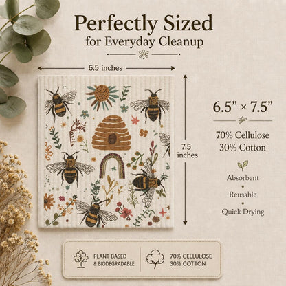Swedish Dishcloth Set – Reusable Bee & Floral Kitchen Cloths | 2 or 4 Pack