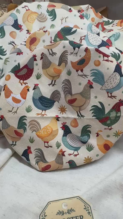 XL Reversible Fabric Bowl Cover – 12" Farmhouse Chicken Prints